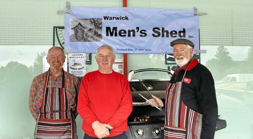 Warwick Men’s Shed members Dennis Sanders, Neil Sims and Ian Stevens man the sausage sizzle at Bunnings on Saturday. Warwick Men’s Shed members Dennis Sanders, Neil Sims and Ian Stevens man the sausage sizzle at Bunnings on Saturday.